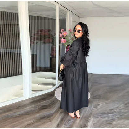 Casual Long Dress Women Solid Loose O Neck Single Breasted Full Lantern Sleeve High Waist Robe 2026 Spring Fashion Dresses Lady