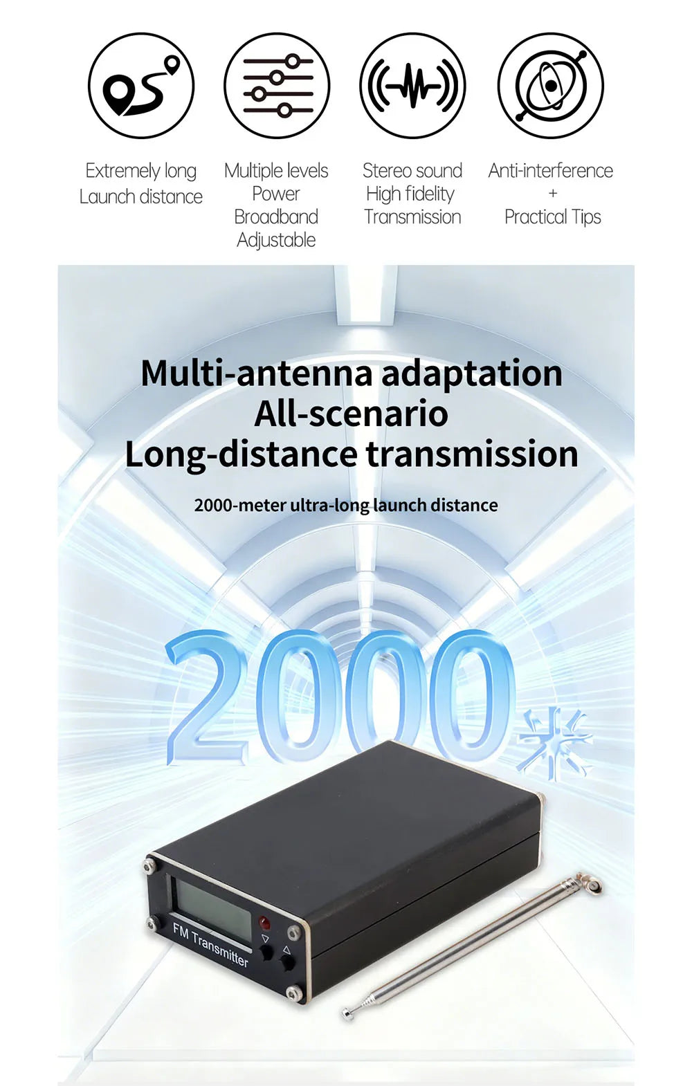 0.5W FM Transmitter 76-108MHz 2KM Range LCD Stereo, 3.5mm AUX USB-C Wireless Audio Broadcast For Car & Church