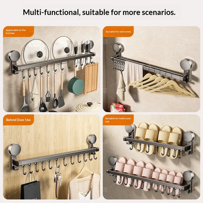 Suction Cup Kitchen Storage Rack Hook Rod No Drill Required Pot Spatula Spoon Knife Integrated Wall-Mounted Storage Rack