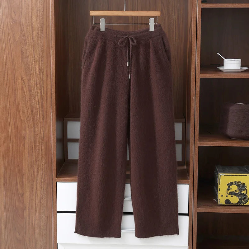 MVLYFLRT Men's 100% Mink Cashmere Thick Wide Leg Pants Comfortable Fit Knitted Luxury Winter Trousers D188