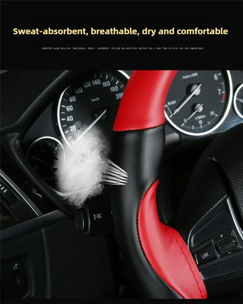 Leather Hand Sewn Steering Wheel Covers Universal DIY Braiding Car Steering Wheel Cover Car Accessories Steering Wheel Wrap 38CM