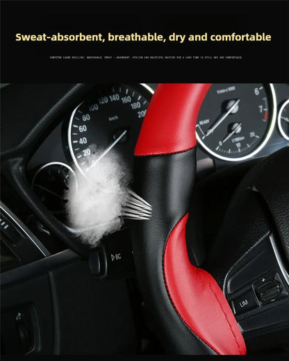 Leather Hand Sewn Steering Wheel Covers Universal DIY Braiding Car Steering Wheel Cover Car Accessories Steering Wheel Wrap 38CM