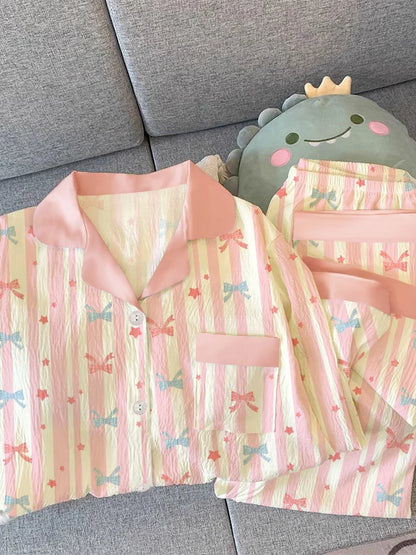 Girls Stripe Sleepwear Women's  Knot Star Long Sleeve Long Pants Korean Style Sweet Crepe Home Clothes Set