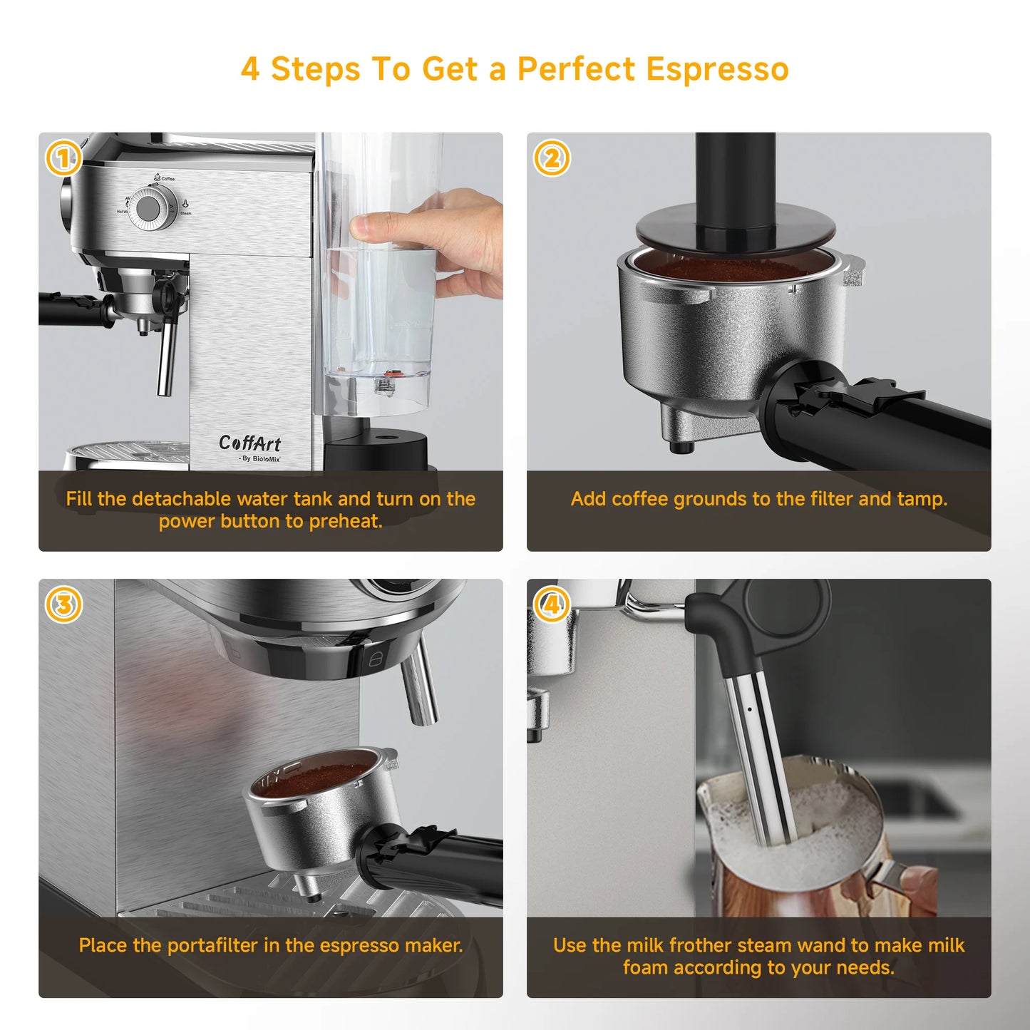 BioloMix Stainless Steel 20 Bar Semi Automatic Powder Coffee Machine,with Milk Steam Frother Wand, for Espresso, Cappuccino