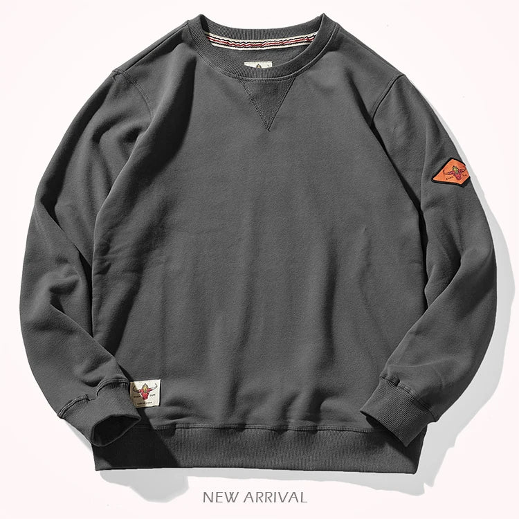 Round neck hoodless sweater for men 300g plush cotton solid color simple long sleeve spring and autumn Pullover Sports Top