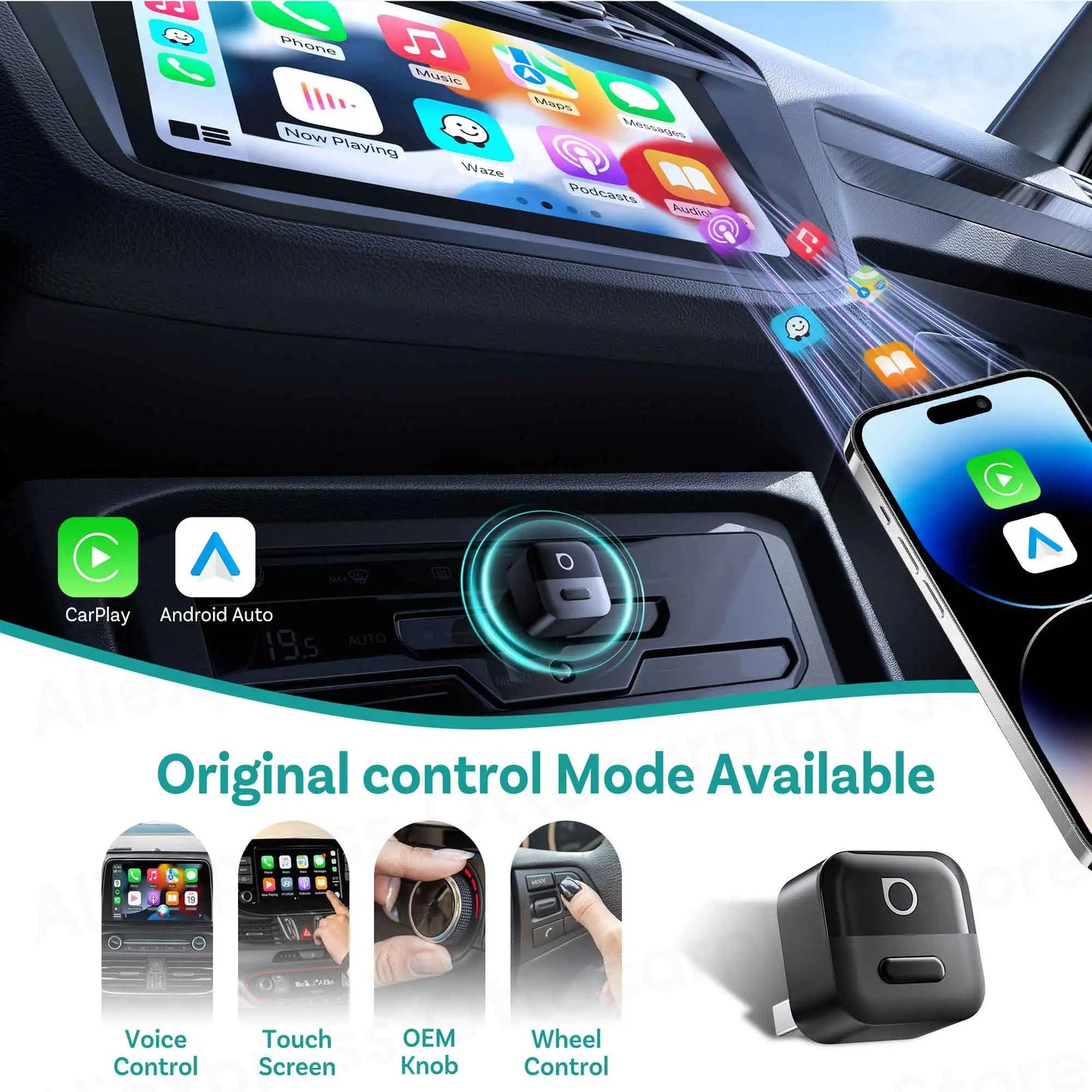 Ottocast Wireless Android Auto CarPlay Adapter Mini Pico 2 in 1 USB Dongle with Smart Button for Kia Honda Chery Nissan Volvo