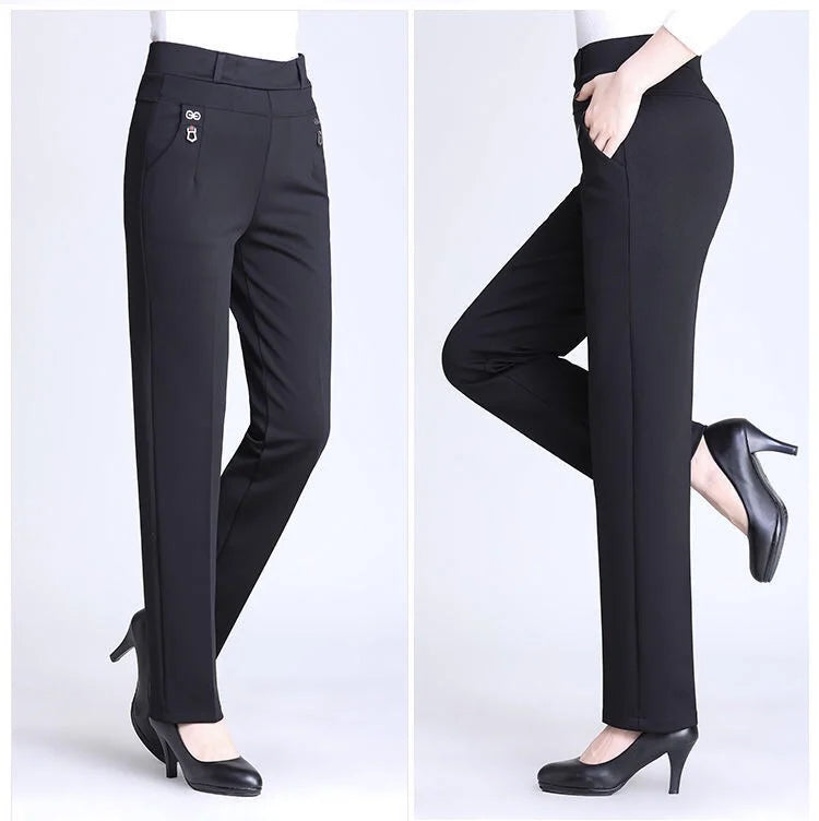 High Waist Fleece Lined Slimming Pants for Middle-Aged And Elderly Women Casual Long Pants Straight Leg Elastic Ankle Pants