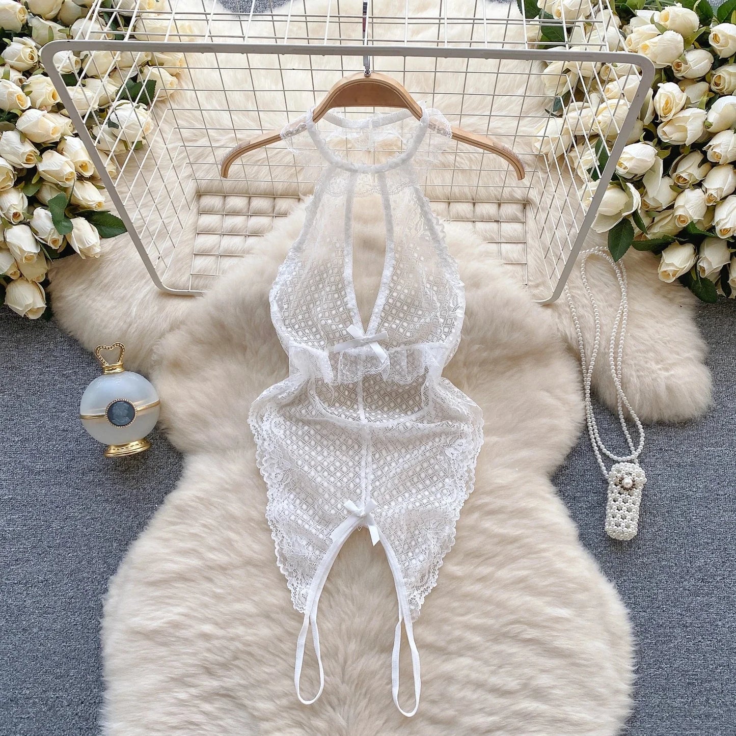 Sexy Lace Strap Jumpsuit Slim Fit Transparent Women's Pajamas Halter Playsuit Erotic Lingerie Catsuit Backless Hollowed Bodysuit