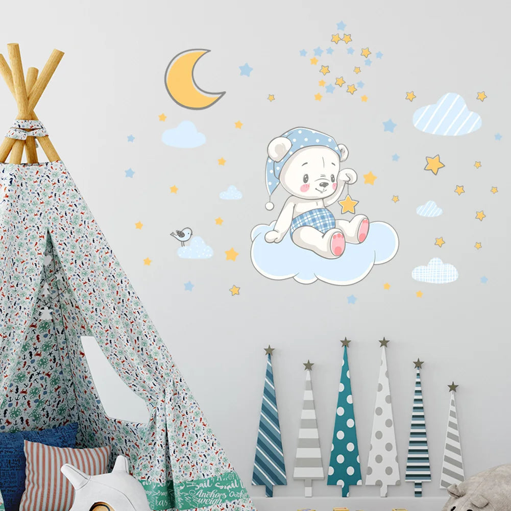Cartoon Bear Moon Cloud Luminous Wall Sticker Baby Kids Room Bedroom Decoration Wallpaper Glow In The Dark Home Decor Stickers