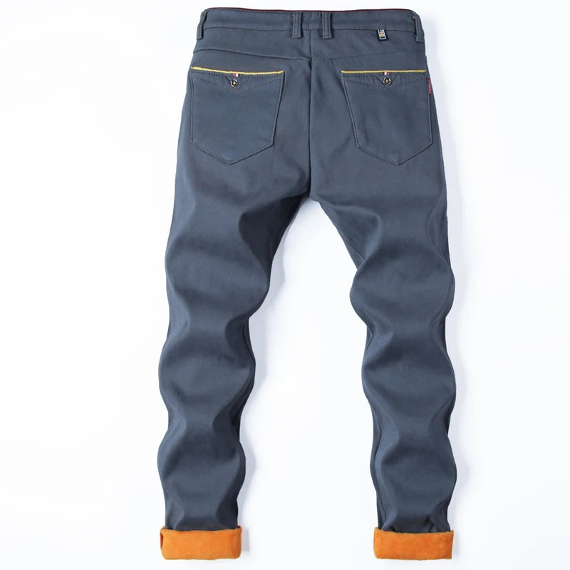 Men Winter Snow Warm Thermal Pants Straight Leg Cool Loose Pants Thicken Fleece Long Korean Business Blue Gray Khaki Trousers