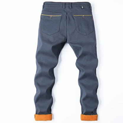 Men Winter Snow Warm Thermal Pants Straight Leg Cool Loose Pants Thicken Fleece Long Korean Business Blue Gray Khaki Trousers