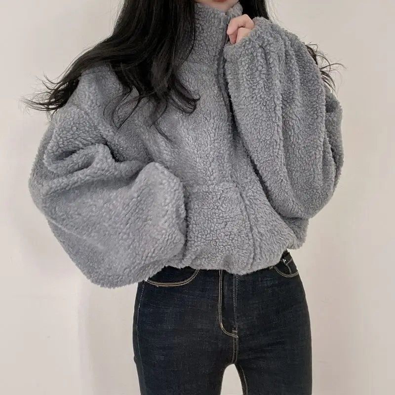 Korean Style Short Zipper Hoodie Women's Loose Fit Lamb Fur Vest Autumn Winter Streetwear Casual Long Sleeve Stand Collar Coat