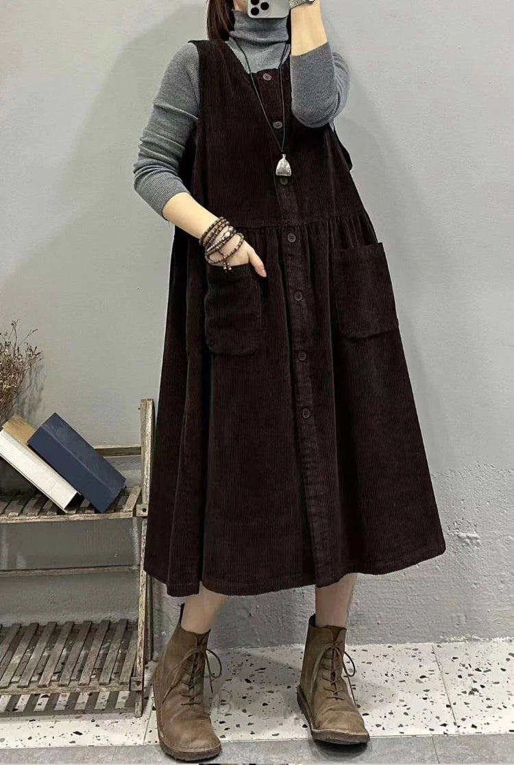 Retro Korean Style Corduroy Dress with Pockets Autumn Winter Loose Slimming Long Dress for Women Casual A-Line Skirt