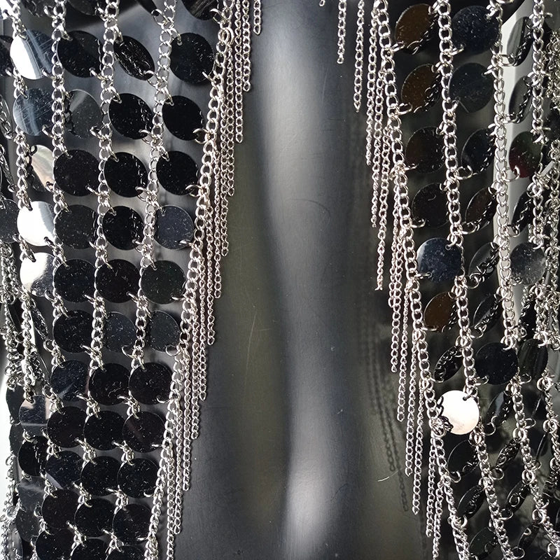 AKYZO Sequined Crop Tops for Women Metal Chain Tassel Nightclub Dance Wear Party Burning Outfits Plastic Tank Top Sexy Festival