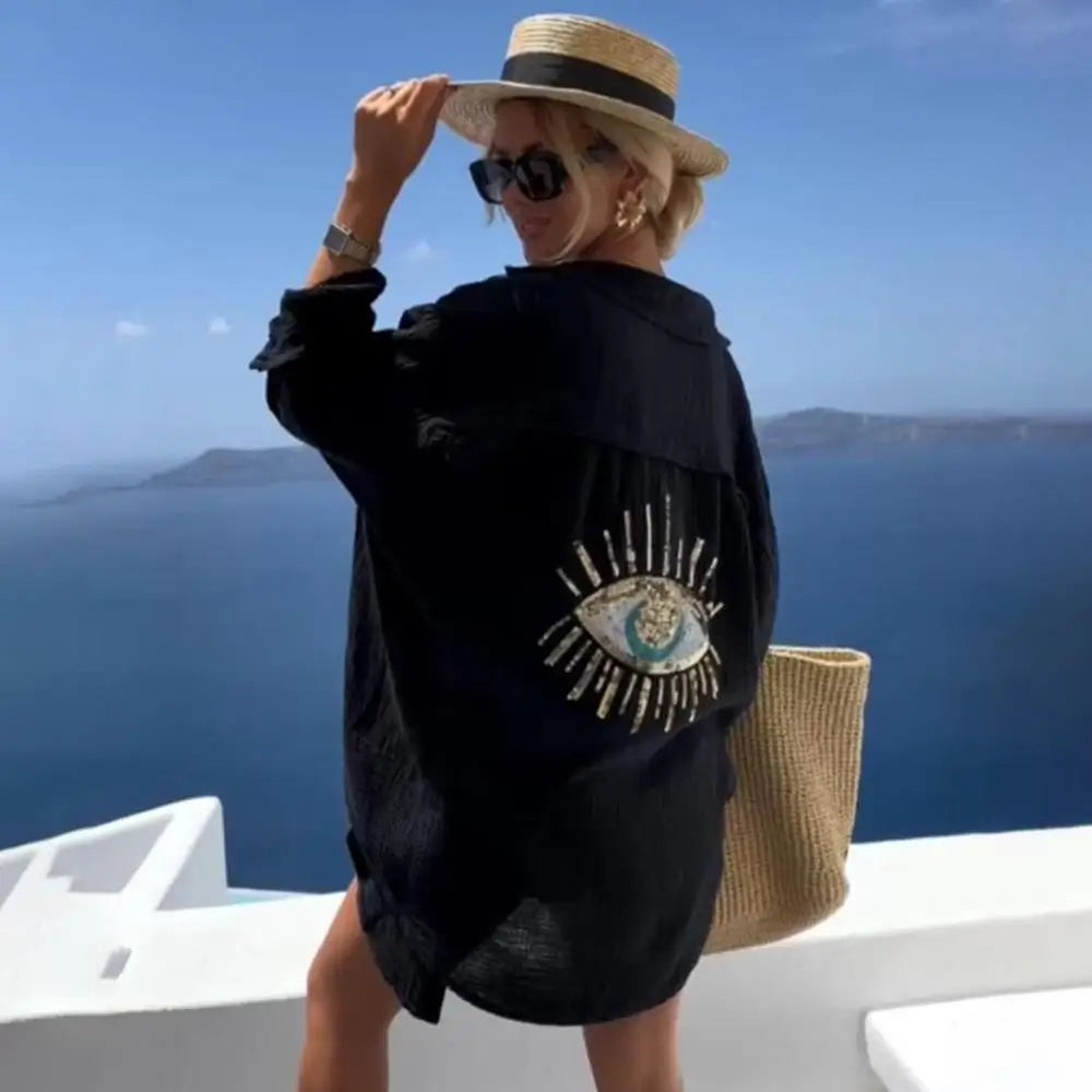 Spring Summer 2024 Women's Casual Evil Eye Shirt Long Sleeve Turn-down Collar Regular Length Other Material 100% Fashion Ladi...