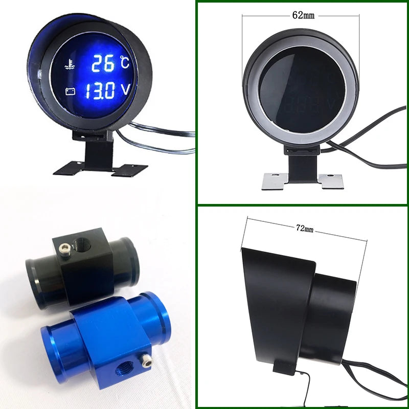 2 in 1 Car Truck Temperature Sensor Round LED Digital Water Temp Gauge Voltmeter Volt Voltage Meter Temperatura Moto For 12V24V