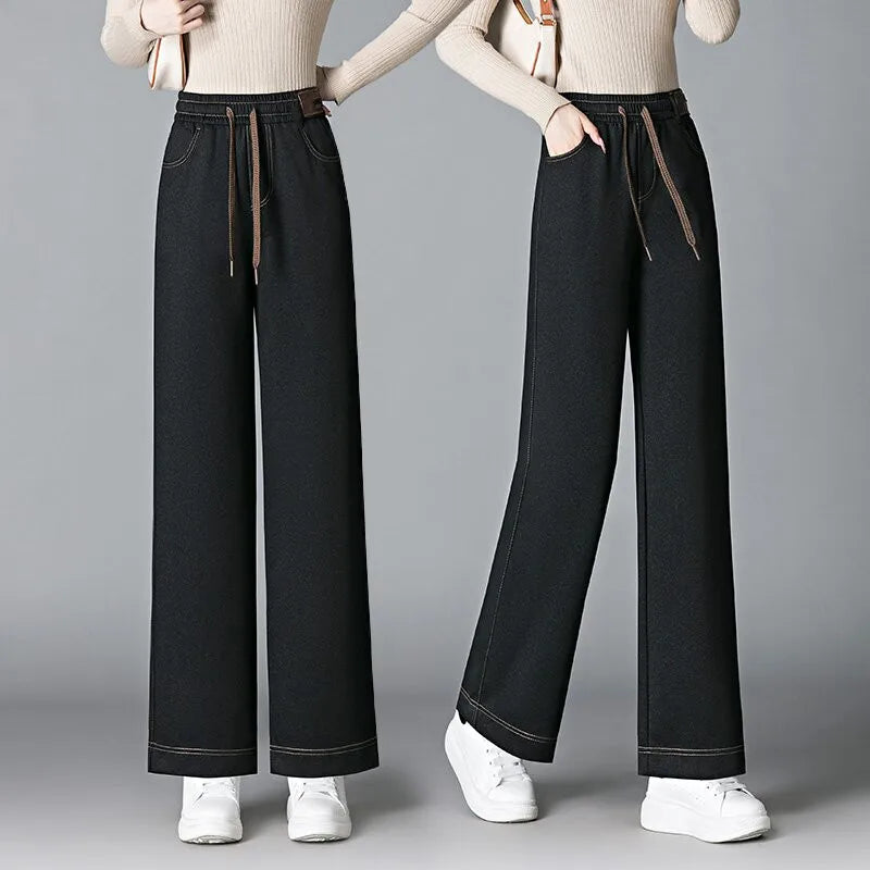 High Waist Fleece Lined Thick Wide Leg Jeans Women's Casual Straight Leg Pants Autumn Winter Loose Fit Comfortable Trousers