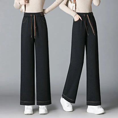 High Waist Fleece Lined Thick Wide Leg Jeans Women's Casual Straight Leg Pants Autumn Winter Loose Fit Comfortable Trousers
