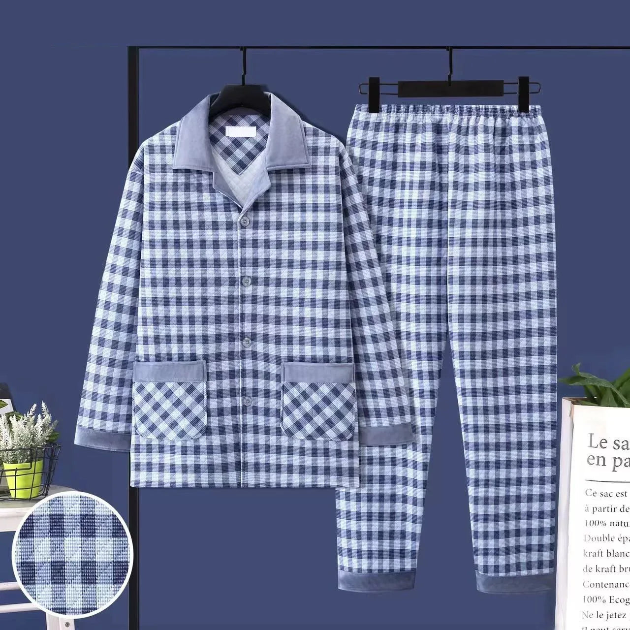Thickened Loose Long Sleeve Air Layer Cotton Pajamas Set for Men Autumn Winter Home Clothes Set Warm Flannel Sleepwear for Mi...