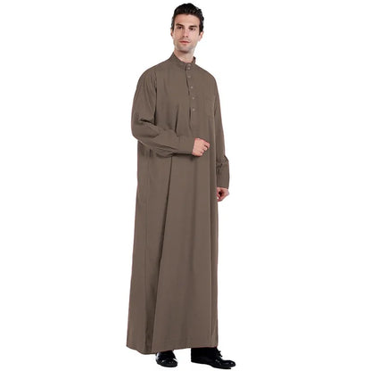 Middle Eastern Men's Thobe Qatar Style Polyester Robe with Stand Collar and Pockets