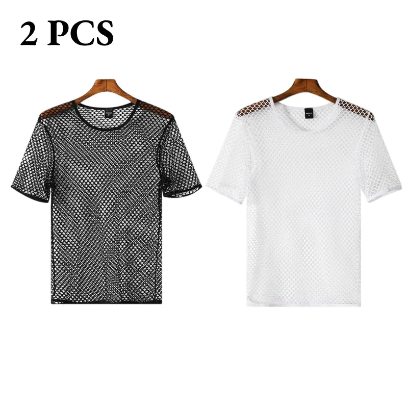 Men's Fishnet Mesh T-Shirt See Through O-neck Short Sleeve Hollow Out Tops Breathable Streetwear Nightclub Party Sheer T Shirts