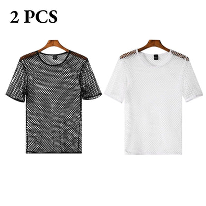 Men's Fishnet Mesh T-Shirt See Through O-neck Short Sleeve Hollow Out Tops Breathable Streetwear Nightclub Party Sheer T Shirts