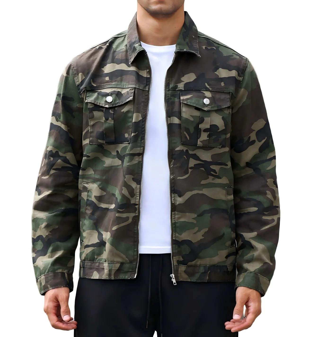Men's Camouflage Work Jacket, Lapel Zipper Multi-pocket Casual Coat, Retro Trendy Top