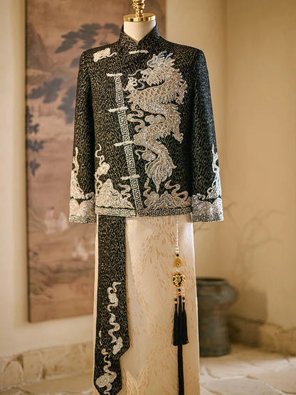 Elegant Long Sleeve Dragon And Phoenix Embroidery Wedding Dress for Men Traditional Chinese Style Stand Collar New Couple Clo...