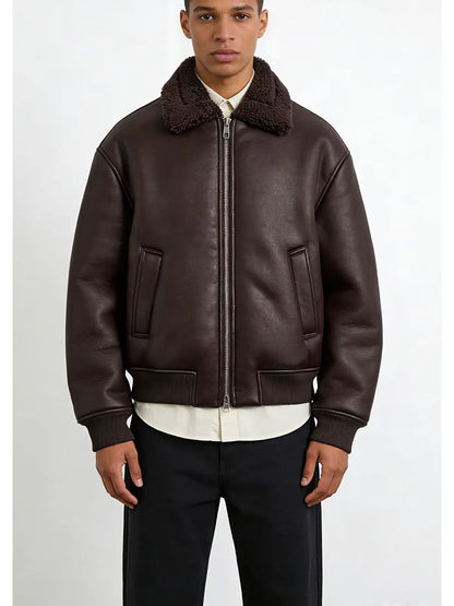 Loose Double-Sided Leather Effect Jacket Men's Casual Style Long Sleeve Zipper Closure Pure Color HMZR Autumn Winter New Arrival