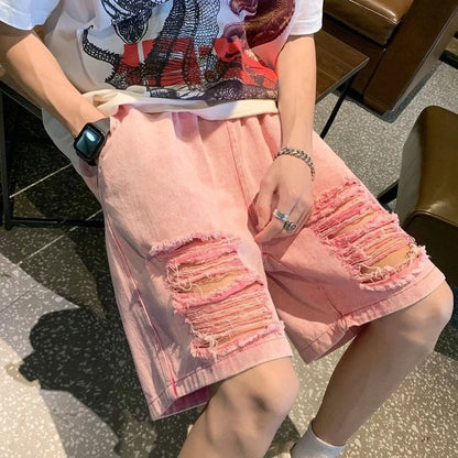 Men's Summer Pink Ripped Denim Shorts Lightweight Baggy Knee-length American High Street Trendy Distressed Casual Fashion Style