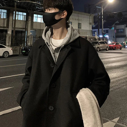 TFETTERS Brand Long Coat Man 2026 New Autumn Winter Turn Down Collar Solid Color Woollen Overcoat Mens Korean Fashion Streetwear