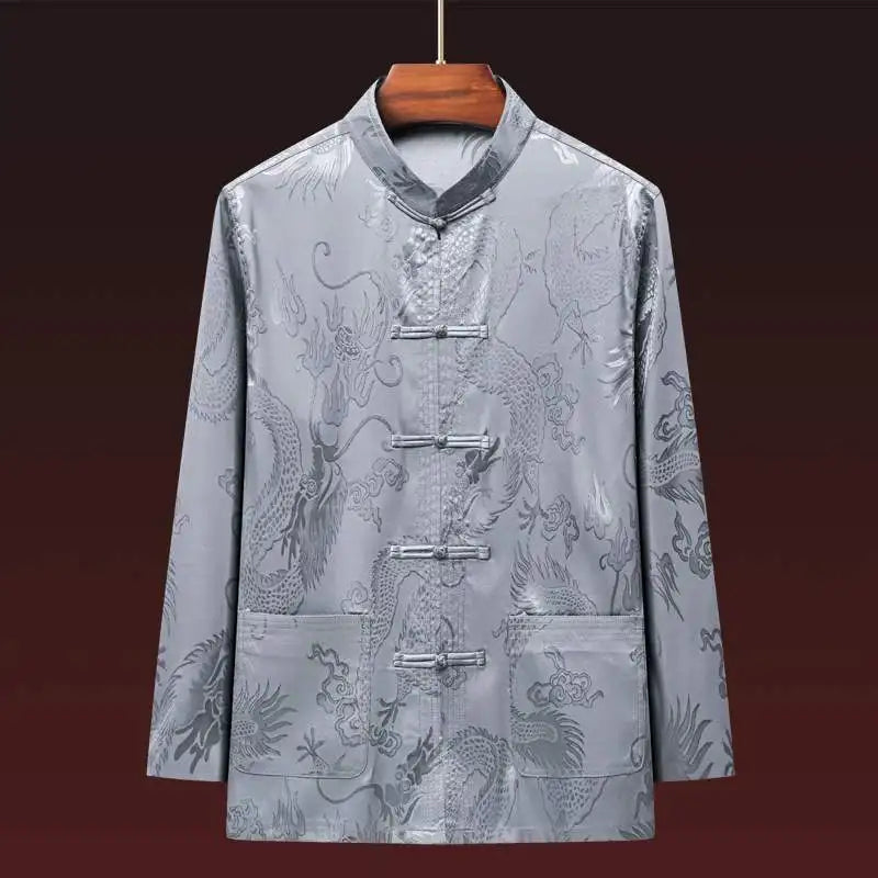 Men's Long Sleeve Ice Silk Tai Chi Suit Traditional Chinese Hanfu Vintage Style Tang Costume Elderly Fashion Dad's Clothing