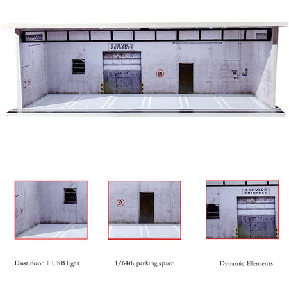 1/64 Scale Diecast Car Garage Diorama Model Miniature Case LED Light Parking Garage Diorama Kit for Collectible Cars Model