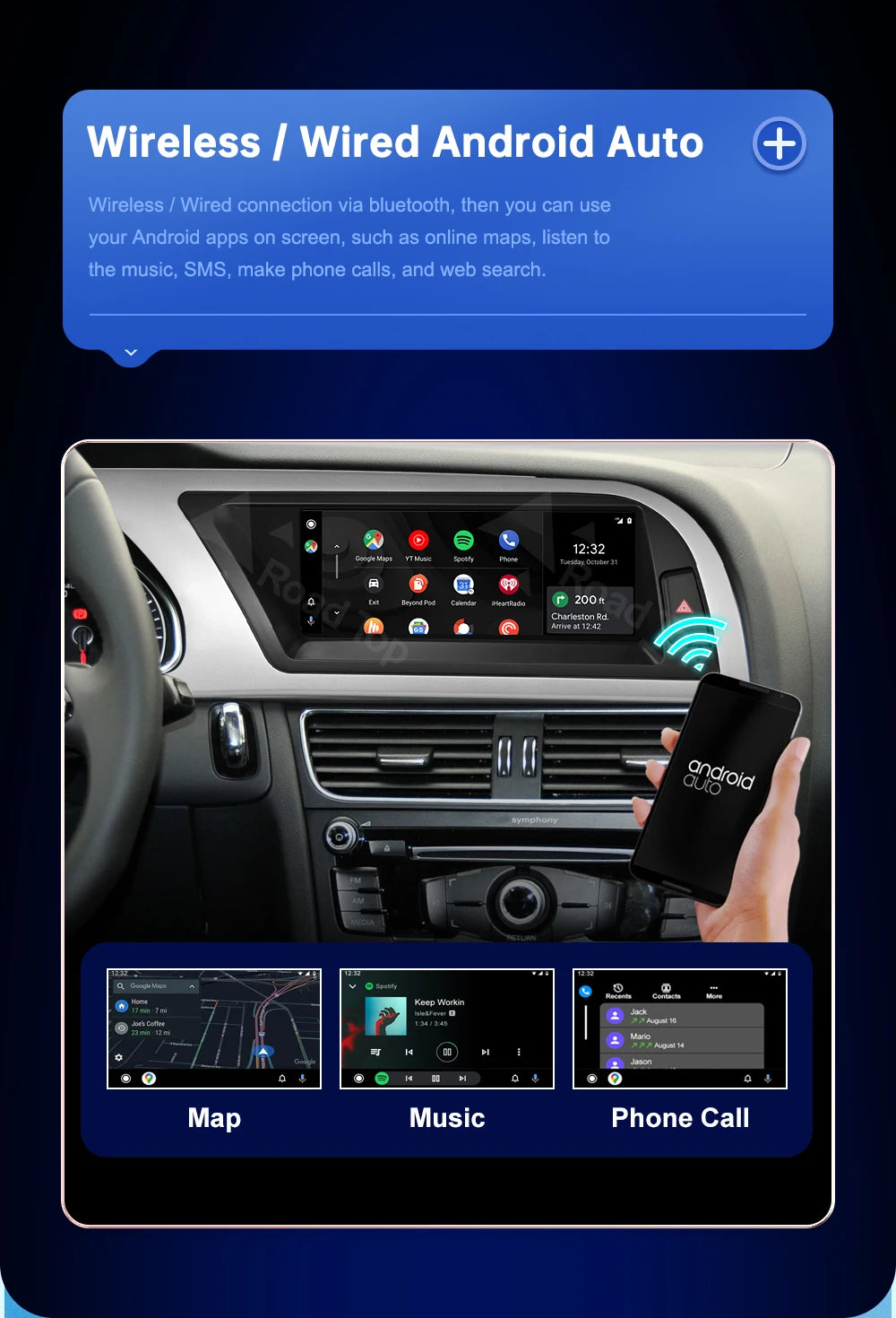 CN Road Top 8.9 12.3'' Touch Screen Multimedia Player Andriod Auto Link For Audi A4 S4 B8 2009-2015 GPS Carplay Display Car Play