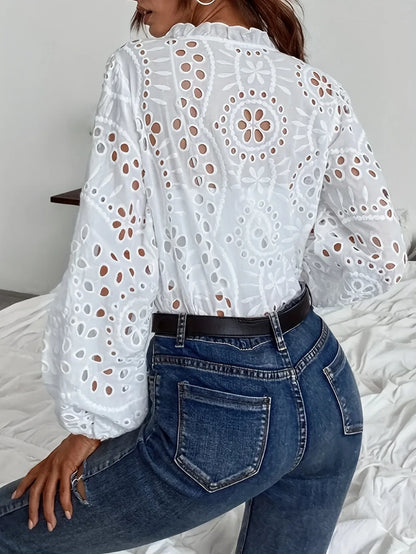New Loose Elegant V Neck Hollow Out Lace Shirt Long Sleeve Fashion Women Office Sweet Blouse Casual Ruffle Solid Color Top