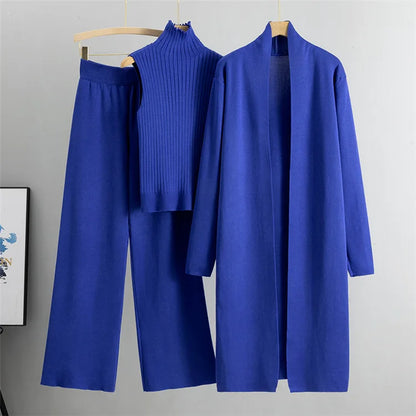 2025 Autumn Winter Women Long Cardigan 3 Piece Set Knit Pants High Neck Vest Wide Leg Trousers Outfit