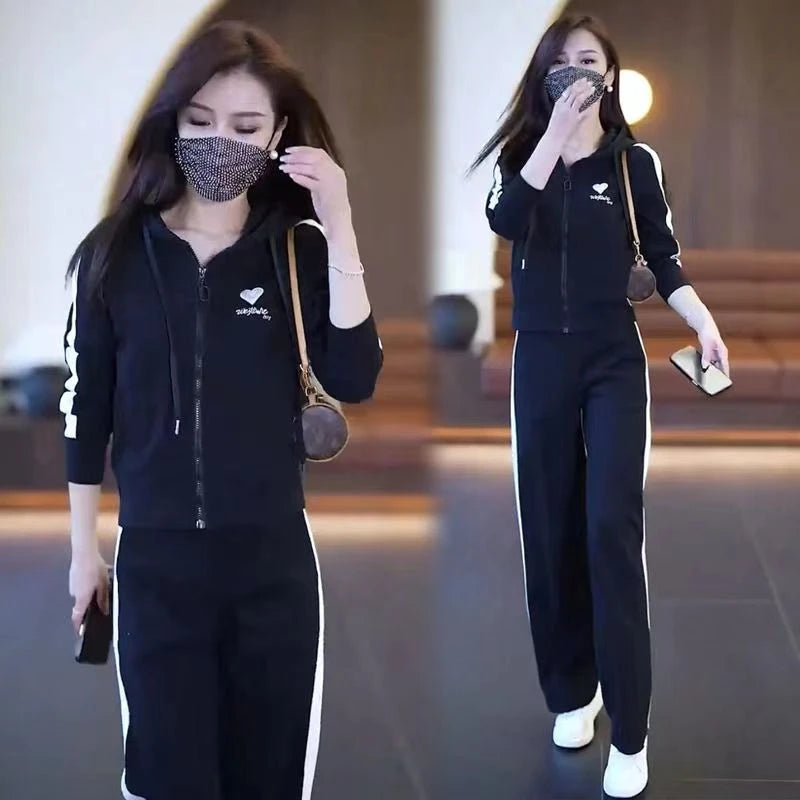 Fashionable Casual Sportswear Set 2026 New Style Slimming Wide Leg Pants Autumn Trendy Two Piece Suit Polyester Fabric