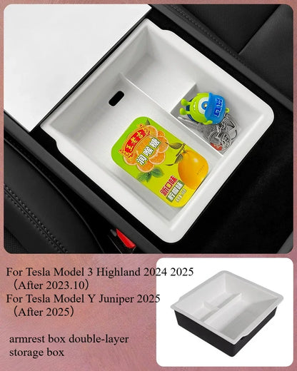 For Tesla Model Y Juniper 2025 White Interior Accessories Center Control Armrest Box Organizer Storage Box Cup Holder New Model3