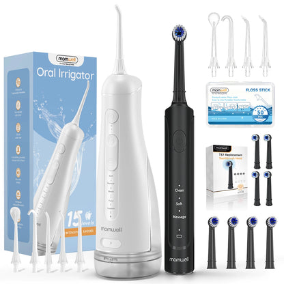 Mornwell 2.0 Electric Toothbrush & Water Flosser Combo, 6 Jet Tips, 4 Brush Heads, IPX7 Waterproof Design for Complete Oral Care