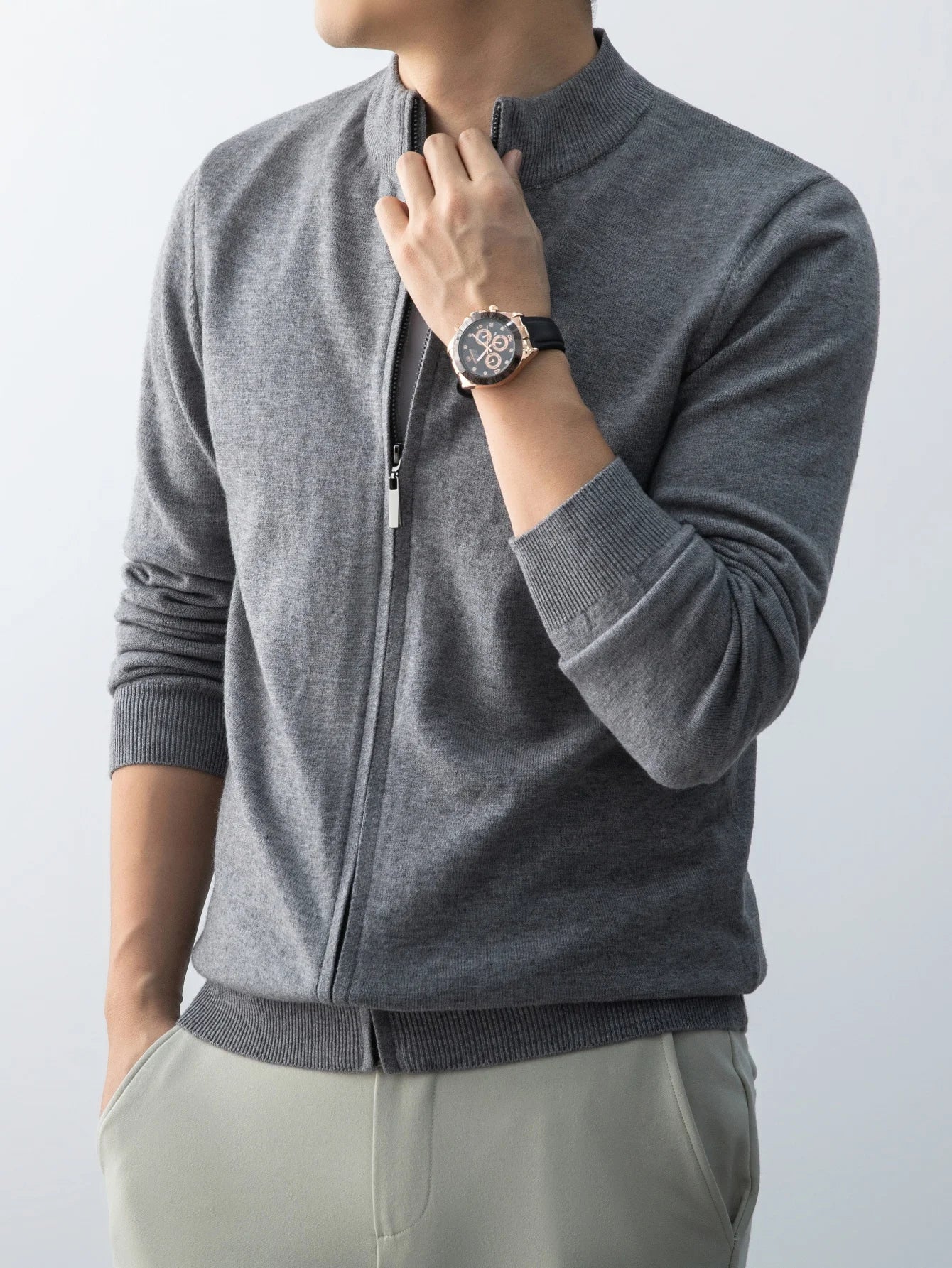 Wool Knitted Cardigan Men's 2026 New Spring and Autumn Fashion Stand-up Collar Top Casual Zipper Sweater Business Casual Jacket