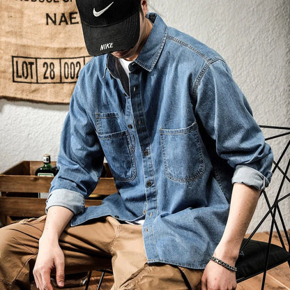 Spring Ruffian Handsome Denim Tooling Long-sleeved Shirt Men's Ins Trendy Versatile Casual American Retro Shirt Jacket