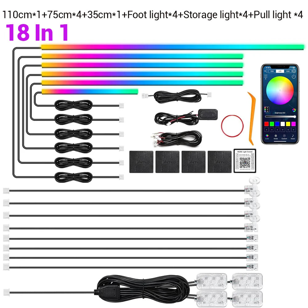 Car Led Interior Light Strip Kit Dynamic RGB Automotive LED Ambient Lights Auto Neon Environmental Strip Music Sync App Control