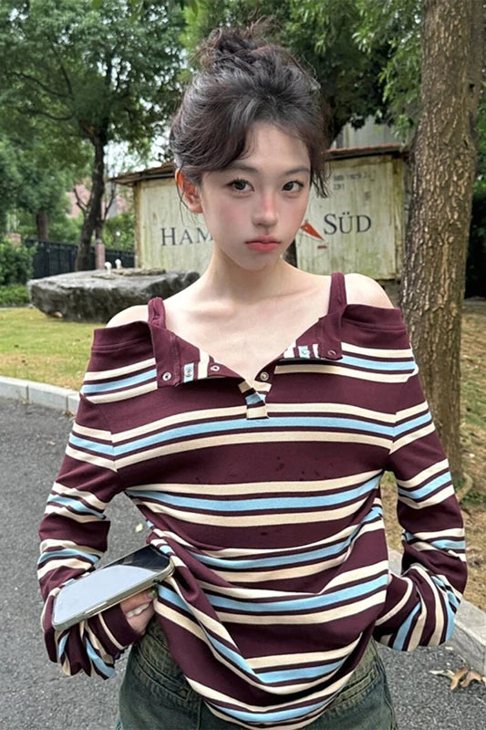 plus Size Women's Autumn Long Sleeve Striped T-Shirt Slimming Stylish Trendy Girl Style Top V-Neck Regular Thickness