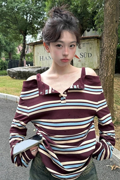 plus Size Women's Autumn Long Sleeve Striped T-Shirt Slimming Stylish Trendy Girl Style Top V-Neck Regular Thickness