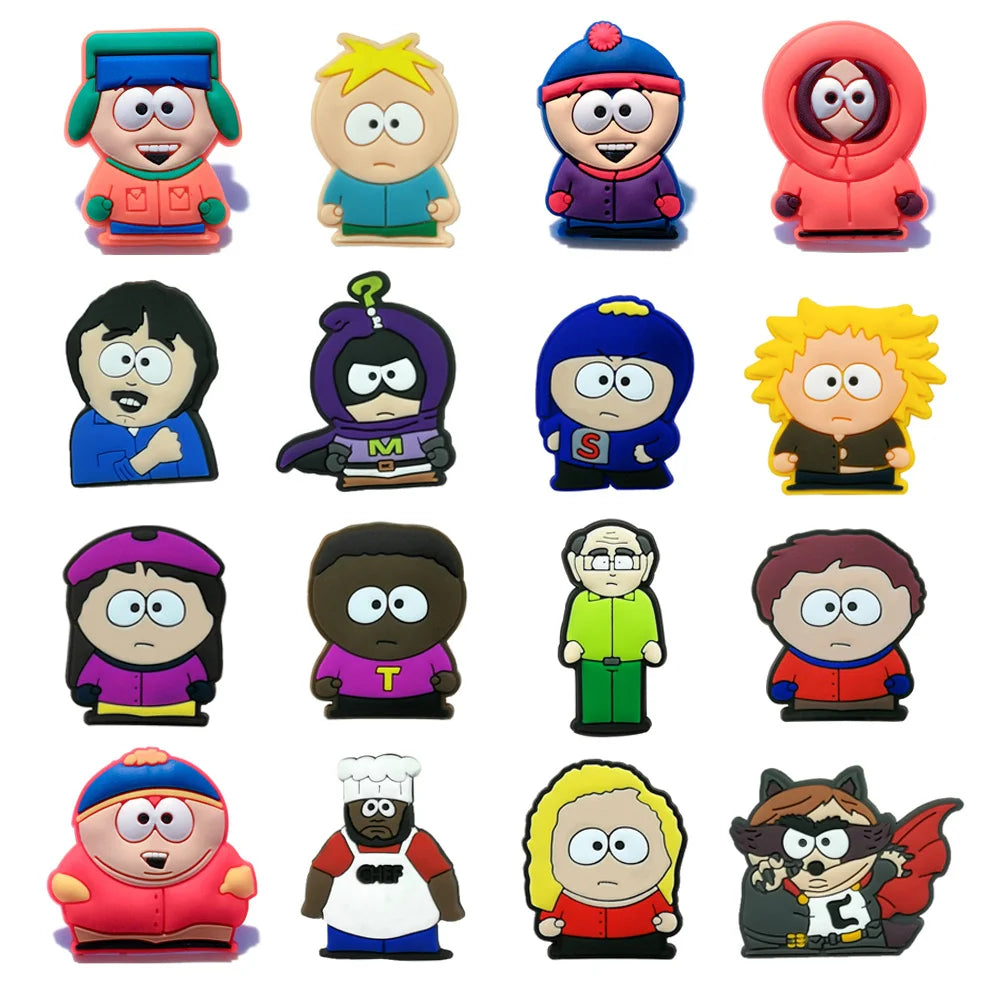 16-46Pcs Hot Toys South Park Shoe Charms Cartoon Shoes Decoration Accessories Buckle fit Clog Sandal Wristbands Kids Party Gifts