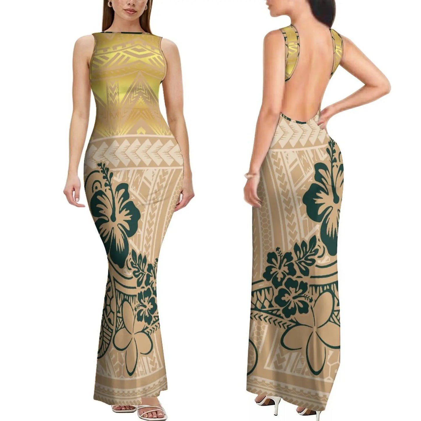 Dropshipping Custom Retro Style Design Elegant Ladies Club Dress Hawaiian Print Sleeveless Backless Dress New Zealand Prom Dress