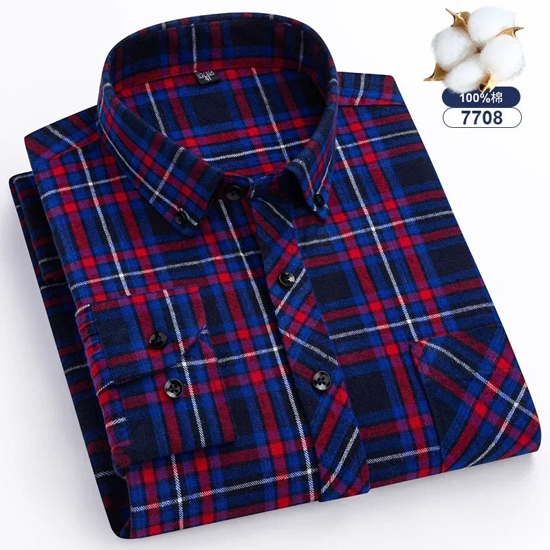 Autumn Winter Plaid Shirts Thick Flannel Shirt Standard-Fit for Men Long Sleeve Pure Cotton  Patch Pocket Design Young