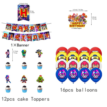 Anime Game Theme Party Supplies Flag Pull Banner Cake Topper Balloon Set Kid Girl Boy Happy Birthday Party Baby Shower Decor