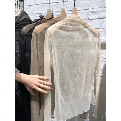 Women's Lace Base Shirt Thin Long Sleeve Half High Collar Inner Wear Spring Autumn New Style Mesh Top Wood Grain  Design