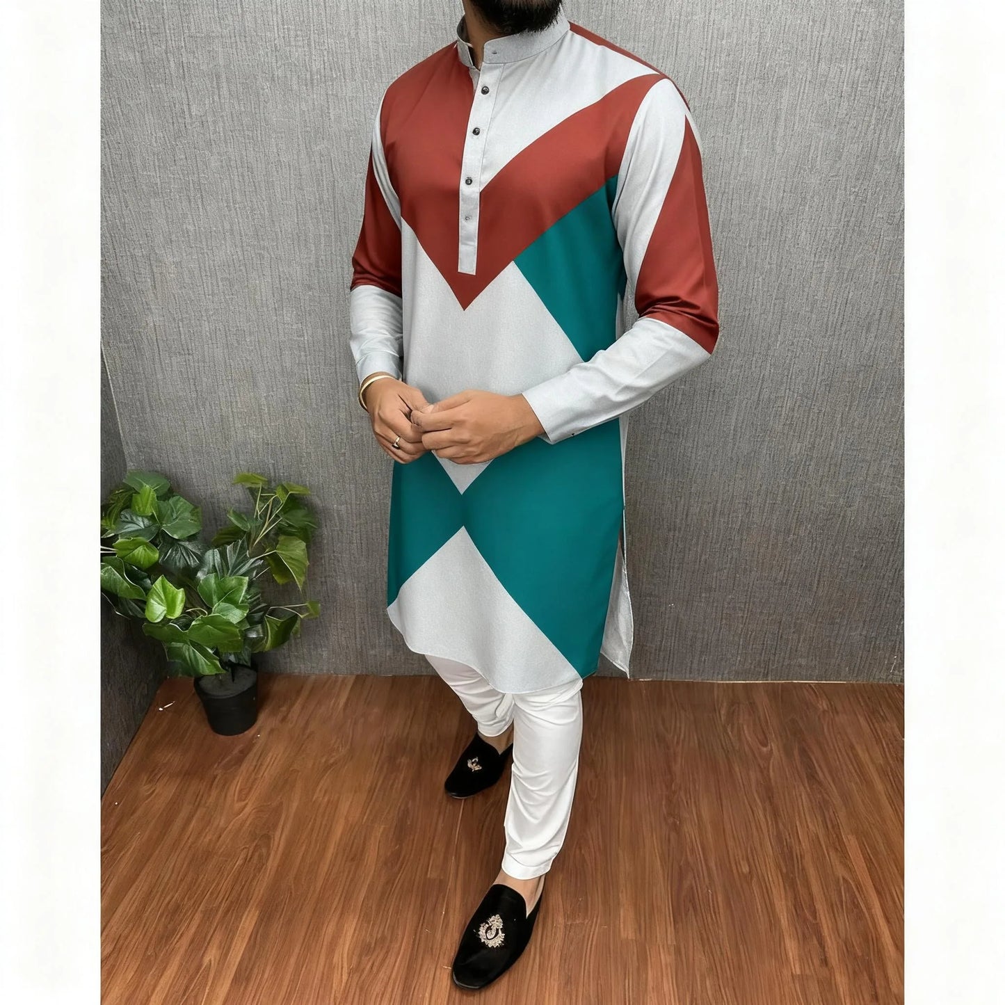 Men Islamic Arabic Abaya Robe Ethnic Print Stand Collar Youth Mid-length Shirt Luxury Coat Moslim Kleding Vestiti Musulmani Uomo